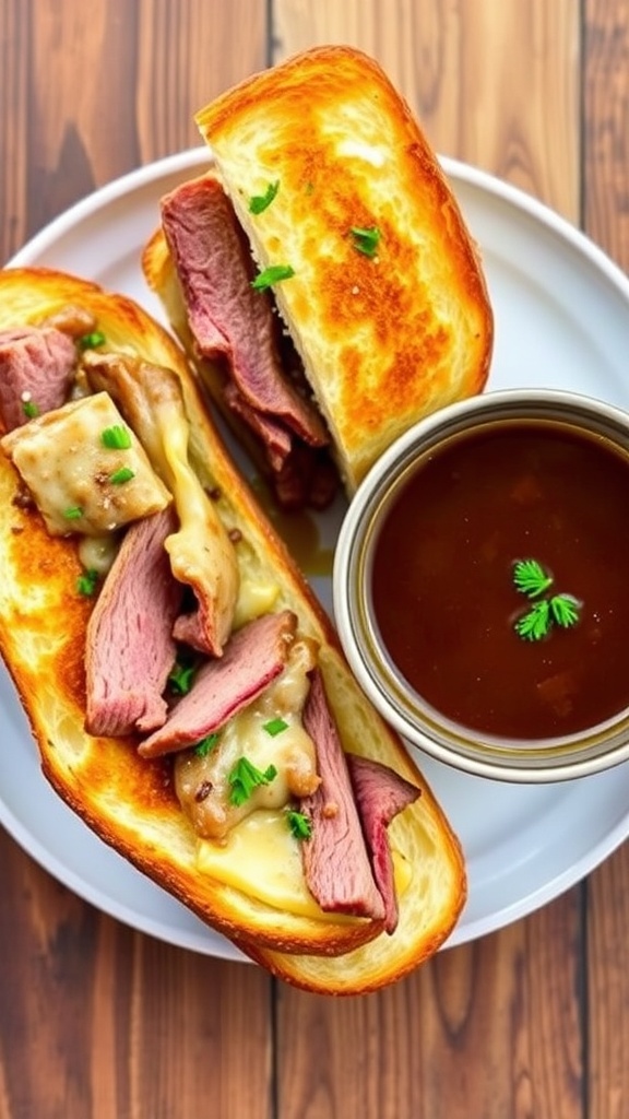 Garlic Bread French Dip Sandwiches Recipe Garlic bread French dip sandwiches with roast beef and melted cheese, served with beef broth for dipping on a rustic table.